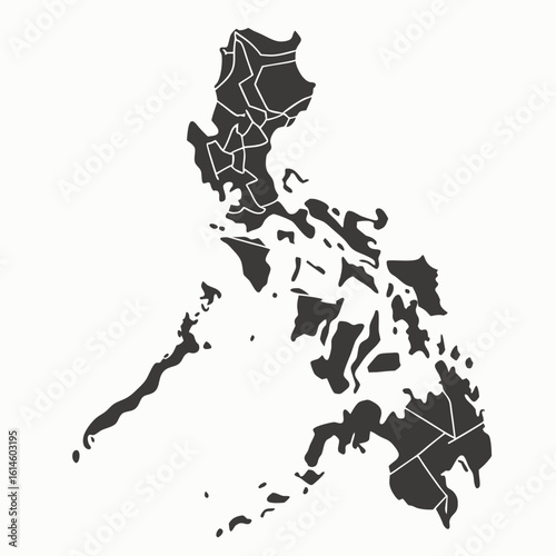 A dark gray political map of the Philippines showing the country's regional divisions with white borders.