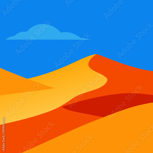 Vibrant abstract desert landscape with rolling dunes and a single cloud
