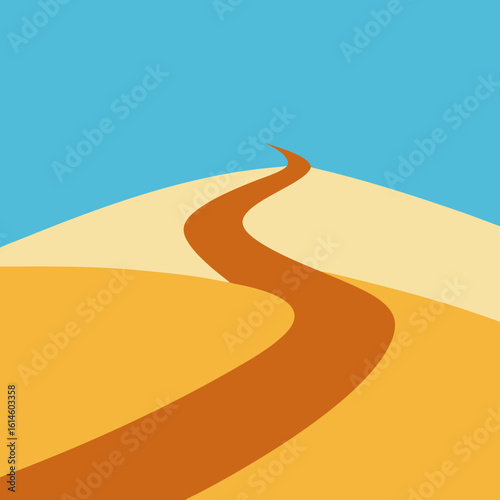 Winding path through golden desert dunes under a clear blue sky