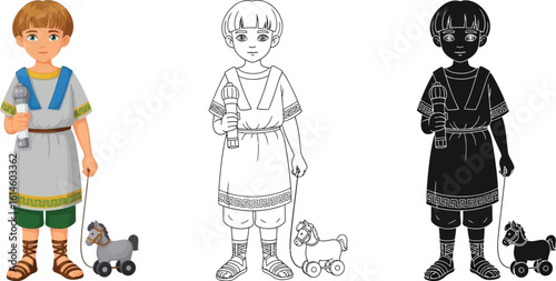 Roman boy illustration vector art with horse toy and microphone drawing for kids education