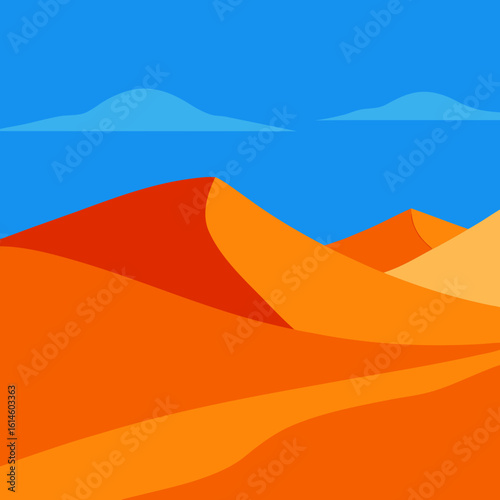 Vibrant desert landscape with rolling sand dunes under a blue sky