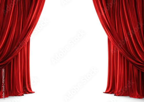 Red velvet theater curtains open wide