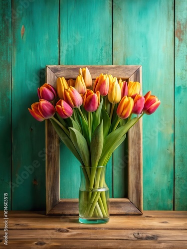 A bouquet of tulips sitting on a rustic wooden frame against a warm turquoise background