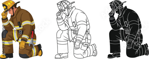 Firefighter kneeling in tribute vector illustration and outline for design templates use