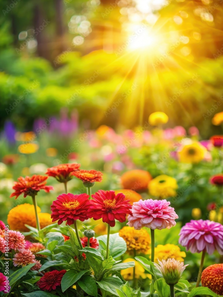 Fototapeta premium Vibrant sunlit blooms in a lush green garden