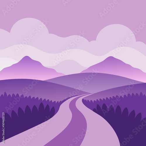 Serene purple landscape with winding road and mountains