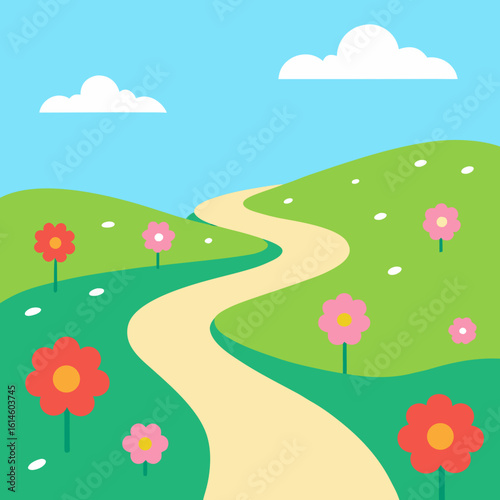Winding path through a sunny meadow with flowers