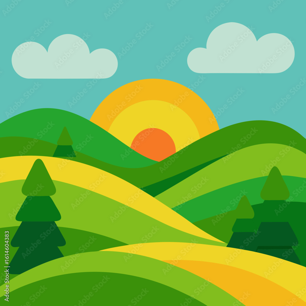 Obraz premium Stylized landscape with rolling hills and sunrise