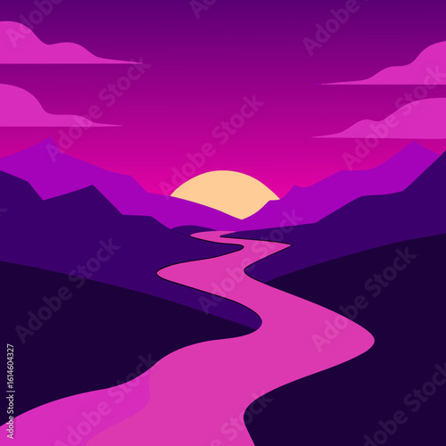 Vibrant sunset over a winding pink river and purple mountains