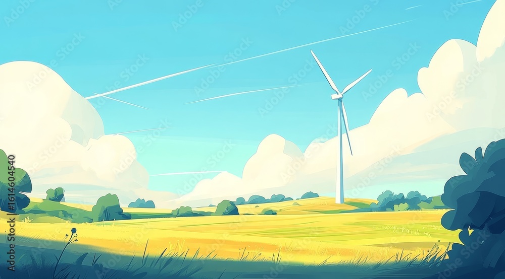Fototapeta premium Wind Turbine in a Sunny Field with Rolling Hills and Cloudy Sky
