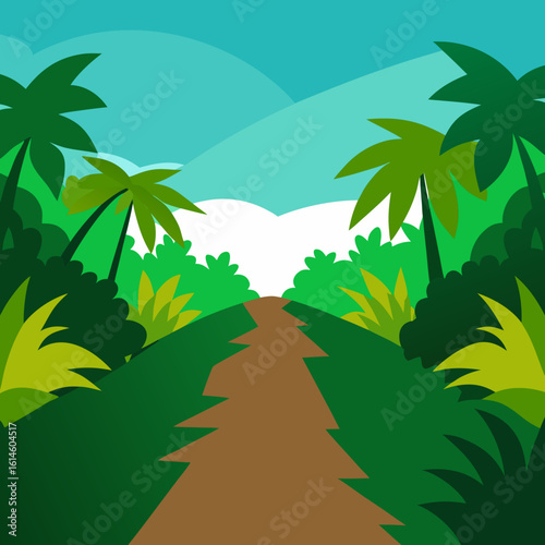 A path through a vibrant green jungle with palm trees and mountains