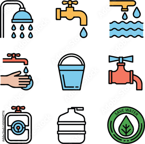 Water Usage and Conservation Outline Icon Set: Shower Head, Faucet, Dripping Tap, Bucket, Washing Hands, Water Meter, Water Tank, and Save Water Symbol