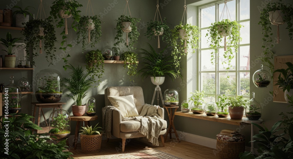 Fototapeta premium A sun-drenched room filled with lush greenery and plants.