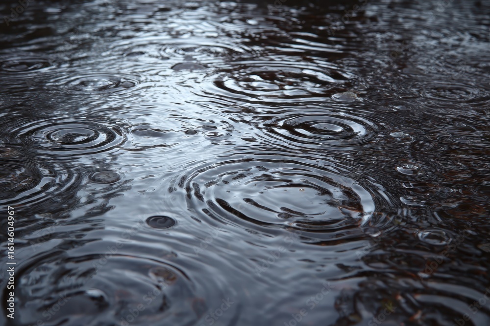 Rippling water surface during rain creates beautiful patterns in a serene outdoor setting at dusk near a tranquil lake Rippling water surface during rain creates beautiful patterns in a serene outdoor setting at dusk near a tranquil lake