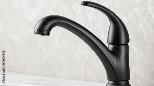 Black metal faucet with curved spout and lever handle marble