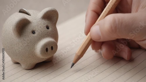 Piggy bank with hand holding pencil lined paper saving money concept