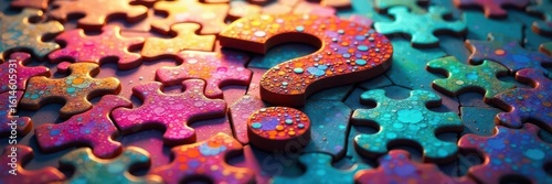 Vibrant jigsaw puzzle piece, large question mark , solution, colorful question mark, graphic
