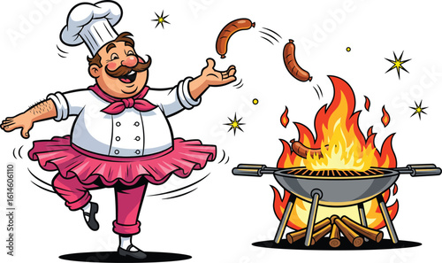 Funny Chef in Tutu Grilling Sausages - Barbecue Clipart