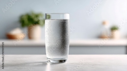 Cold glass water beverage with condensation on kitchen counter surface