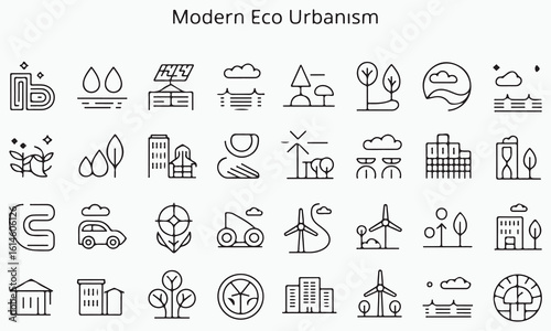 Eco urbanism icons nature technology buildings vector