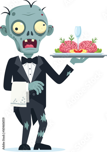 Funny Zombie Butler Serving Brains - Halloween Cartoon Clipart