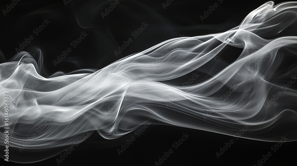 Obraz premium A soft, iridescent puff of pearl smoke swirls elegantly against a black background. The fluffy texture and wispy edges are emphasized, with the smoke tapering off to create luxurious, ethereal effect
