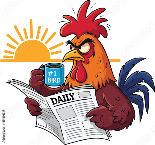 Grumpy Rooster Reading Newspaper with Coffee - Morning Clipart