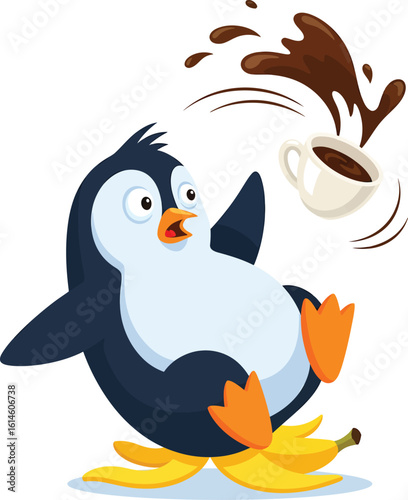 Penguin Slipping on Banana Peel with Spilt Coffee - Funny Clipart