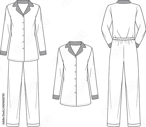 Blank Women's Pajama Set Template with Button-Up Shirt and Pants, Front and Back Views, Customizable Sleepwear Mockup for Loungewear and Nightwear Design, Isolated on White.
