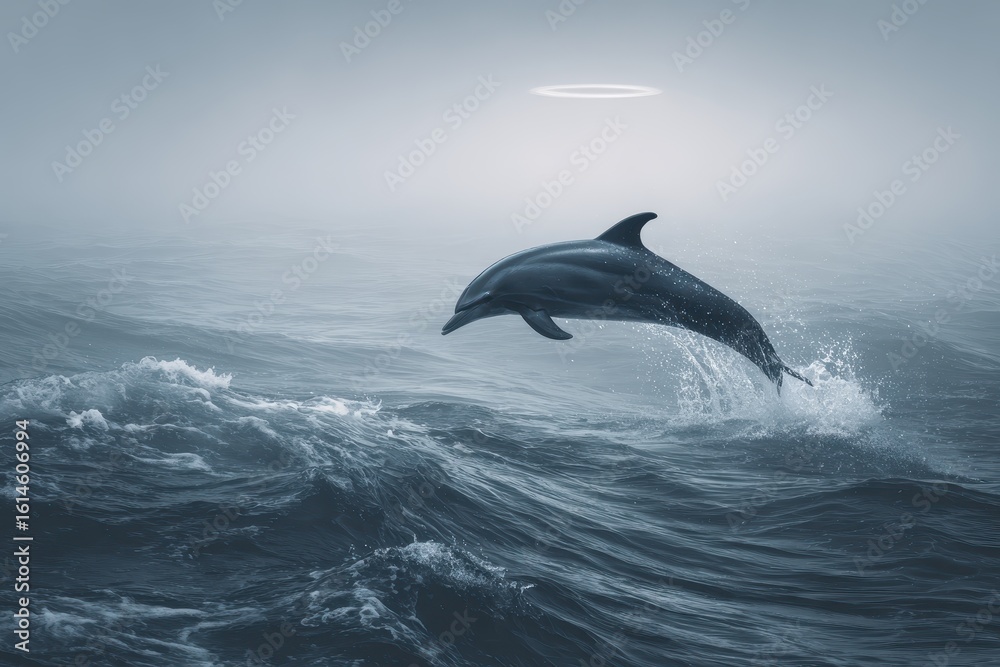 Fototapeta premium Leaping dolphin creates a dynamic splash in a misty sea at dawn surrounded by waves and tranquility