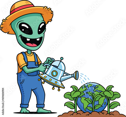 Smiling Alien Farmer Watering Earth Plants - Funny Clipart