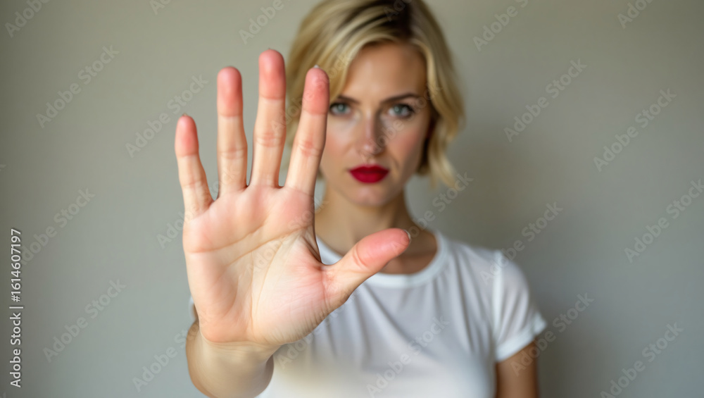 A woman with blonde hair and red lipstick showing stop sign with her hand, showing serious face. A woman with blonde hair and red lipstick showing stop sign with her hand, showing serious face.