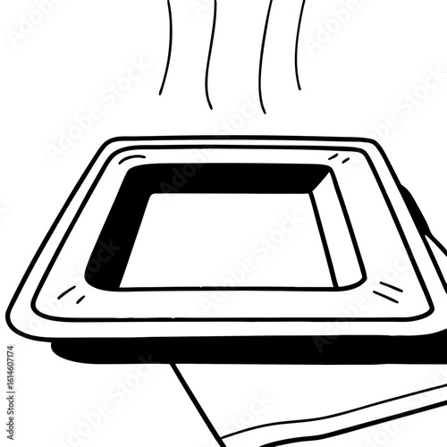 Vector art of a square serving tray emits steam, suggesting freshly prepared food ready to be enjoyed at the table