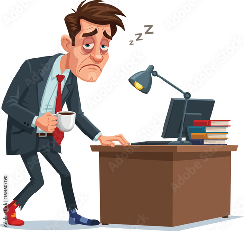 Tired Overworked Businessman with Coffee - Exhaustion Clipart