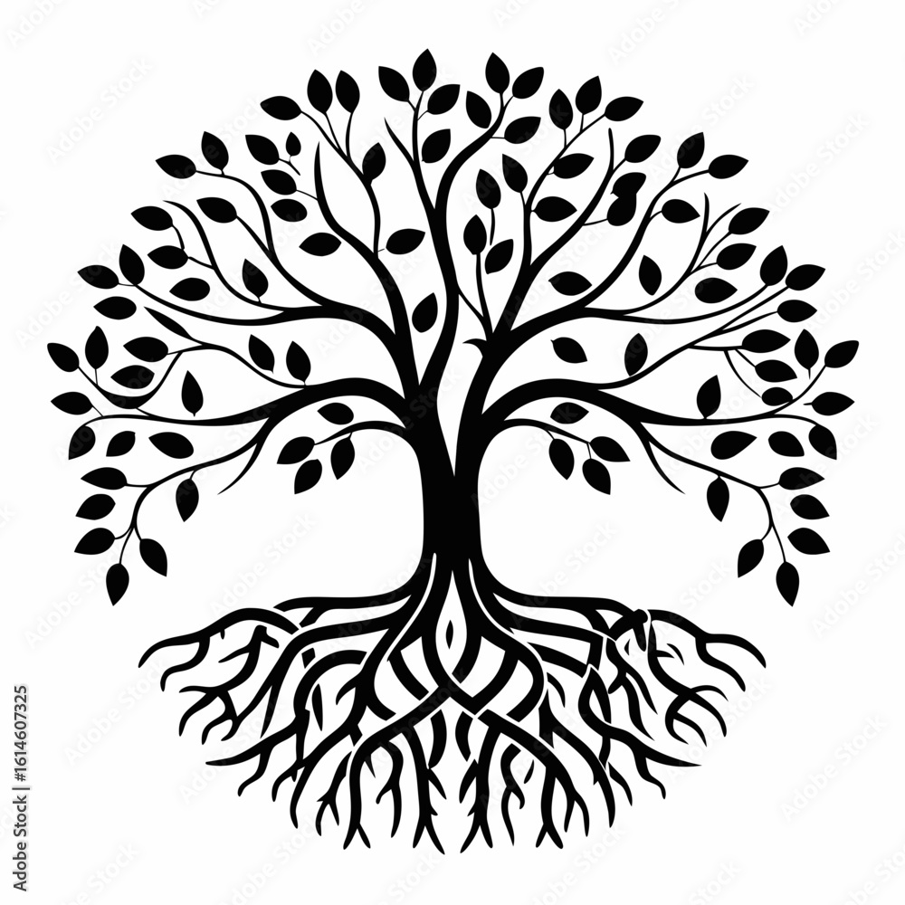 Obraz premium Vector art of a stylized tree of life with intricate roots and branches creating a circular design element