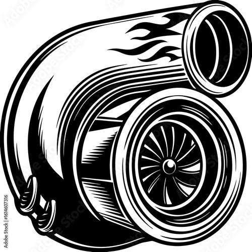 Vector art of a stylized turbocharger with flame design showcases automotive performance and engineering excellence