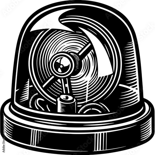 Vector art of vintage mechanical siren illustration for emergency alerts and warning systems with rotating beacon