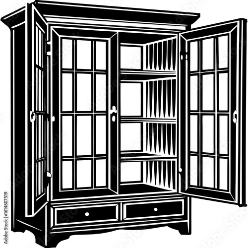 Vector art of elegant wooden cabinet with glass doors and drawers providing ample storage space for any home