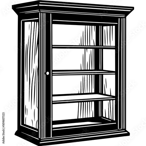 Vector art of an elegant wooden cabinet with glass door and shelves, perfect for displaying collectibles or storing books in a vintage style