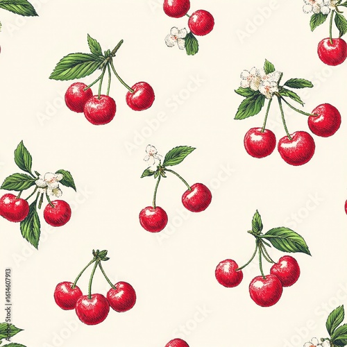 Seamless Pattern of Hand-Drawn Cherries with Leaves and Flowers
