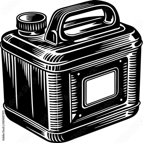 Vector art of a vintage style metal gas can with a handle and cap for storing and transporting fuel or other liquids