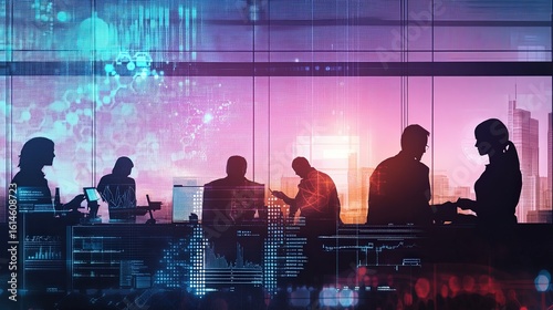 A montage featuring silhouettes of professionals conducting research, analyzing data, and developing new products or services. The background includes a high-tech research facility with a cityscape