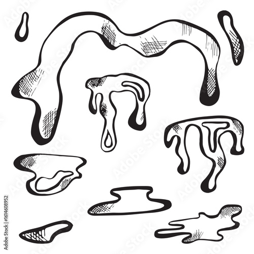 Set of hand-drawn dripping slime and goo shapes in black and white. Perfect for Halloween designs, horror decor, creepy elements, stickers, labels, and spooky packaging or crafts.
