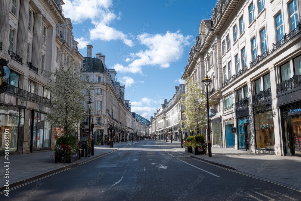 Fototapeta premium Empty streets of Regent in London, UK during March, showcasing the architecture and tranquility of a major city under quiet circumstances
