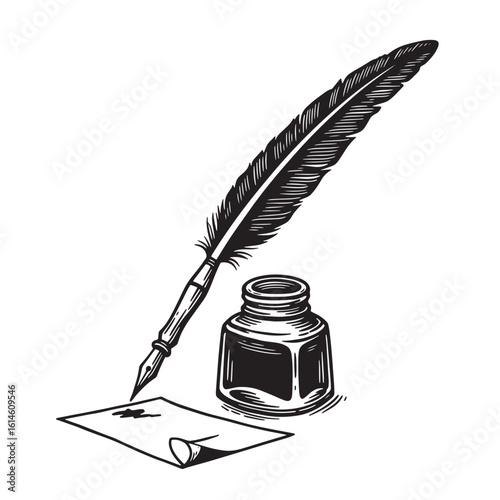 Elegant black and white illustration of quill pen inkwell and paper in vintage style