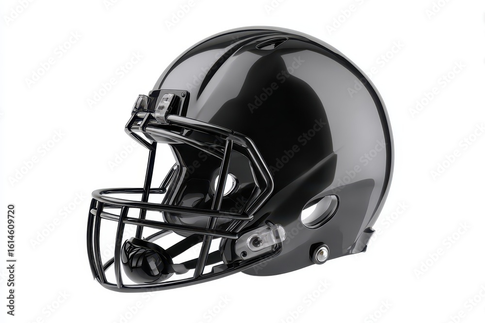 Fototapeta premium Shiny black football helmet resting on a white background ready for competition and showcasing advanced design features for player safety and performance