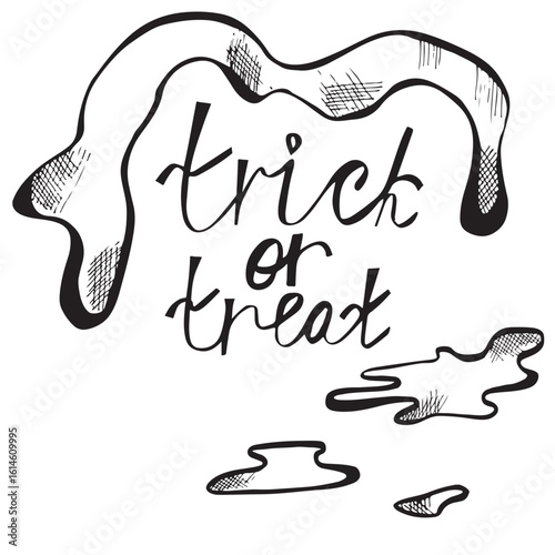 Doodle drip elements. Black slime splashes, stretching and dripping slime. Trick or treat lettering. Isolated vector shapes.