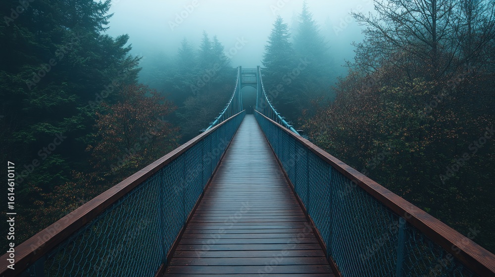 Fototapeta premium Misty suspension bridge through a forest