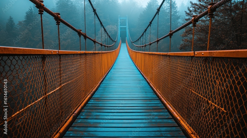 Obraz premium Misty suspension bridge, vivid colors