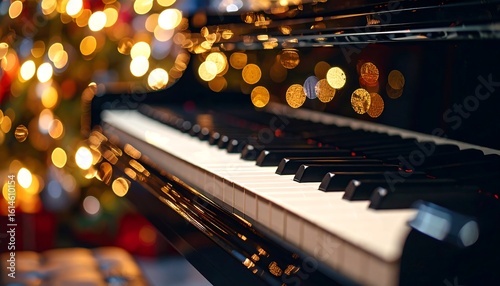 Piano keys in front of a Christmas tree